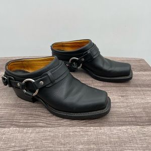 Frye Harness black leather woman's half-slip on silver detail biker boot.  8